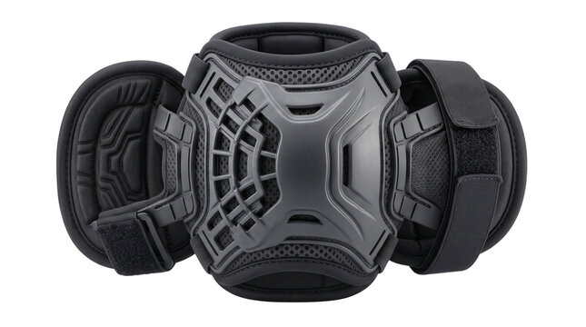 Tactical black knee pad with hard plastic shell and foam padding, protective sports gear for extreme activities, industrial safety equipment on white