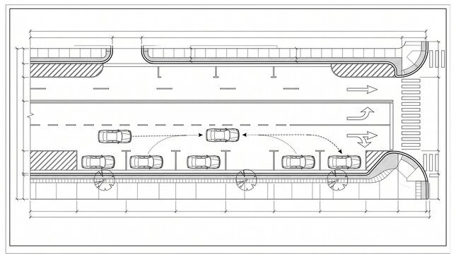 Parallel Parking CAD Plan with Roadside Vehicle Spaces, Traffic Circulation Arrows, Curbs and Architectural Site Planning Details