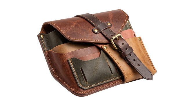 Vintage brown leather tool pouch with brass buckle, handcrafted rustic leather waist bag for artisans, professional multi-pocket leather organizer