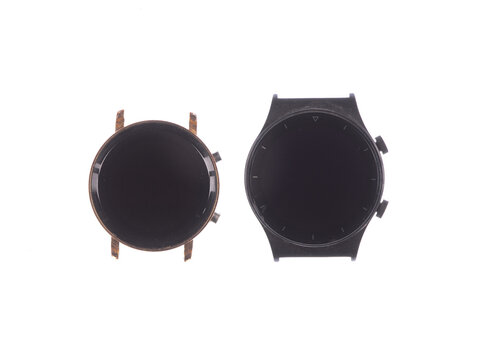 Black digital wristwatch isolated on a white background.