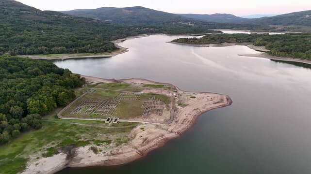 Aerial view of the Roman military camp Aquis Querquennis situated on the banks of the As Conchas reservoir in Porto-Quintela, Ourense, Spain.