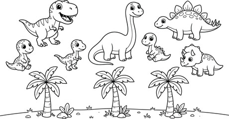 Cute Cartoon Dinosaurs in Prehistoric Jungle Coloring Page Line Art Vector Illustration with T-Rex, Brachiosaurus, Stegosaurus, Triceratops, and Palm Trees for Children Graphic Designs © sreebinodchandra