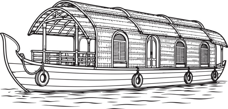Traditional Houseboat Line Art Vector Illustration &ndash; Rural River Boat and Waterway Design