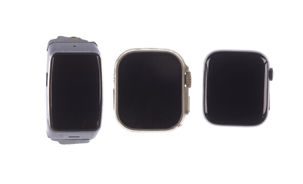 Black digital wristwatch isolated on a white background.