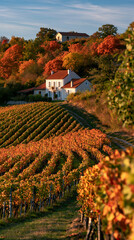 Naklejka premium a picturesque vineyard during autumn. A white house with a red roof is the main subject, surrounded by rows of grapevines displaying vibrant red, orange, and yellow leaves.