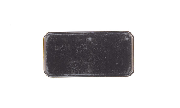 Old, worn metal frame or plate, isolated on a white background.