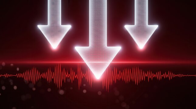 Three glowing arrows descending over sound waves symbolizing audio reduction or decline.