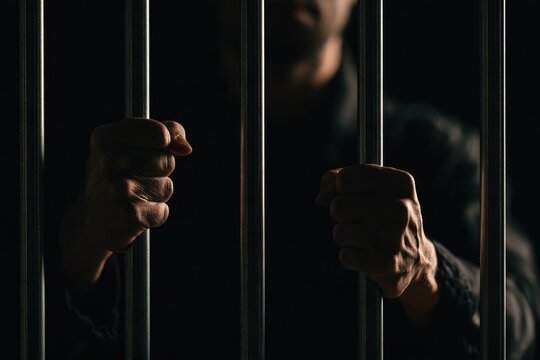 A person grips prison bars tightly, symbolizing confinement, restriction, and a lack of freedom in a dark, somber setting.