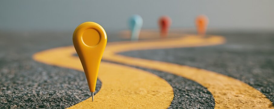 Yellow map pins placed along a winding yellow line on asphalt, symbolizing a marked route or path with a blurred background.