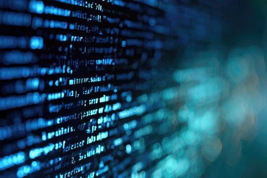 Close-up of blue-toned computer code displayed on a dark screen, representing programming or data processing.