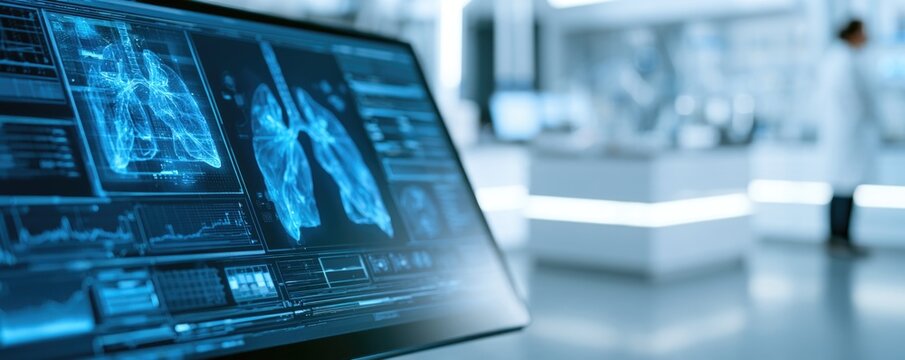 A futuristic medical display shows detailed 3D lung scans and data, highlighting advanced healthcare technology in a modern clinical setting.