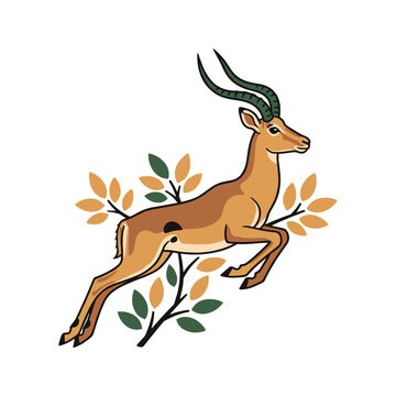 Graceful illustration of an impala leaping amidst stylized autumn leaves and branches, capturing its agility and elegance in a natural, rustic setting.
