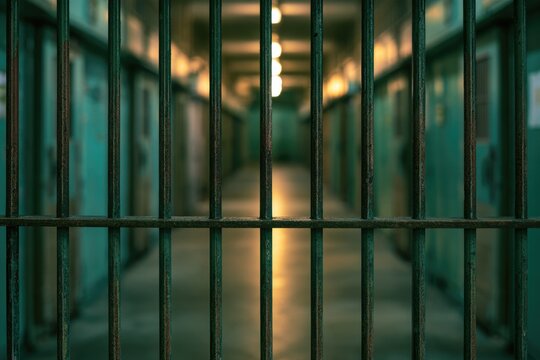 A dimly lit prison corridor is viewed through black iron bars, creating a sense of confinement and isolation.