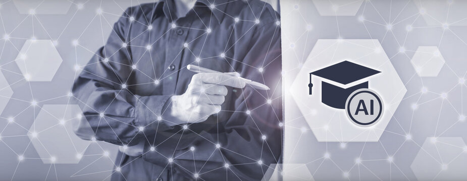 A conceptual image displaying artificial intelligence in education with a digital graduation cap and network graphics, symbolizing future learning technologies.