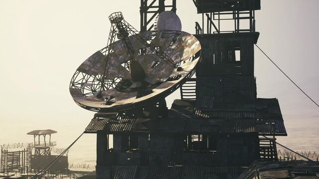 Warm dusk light bathes satellite array and tower, retrofuturistic mood mixing nostalgia with tech, reflective parabolic surfaces glow, urban silhouettes
