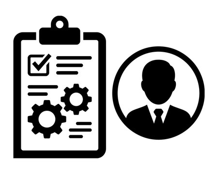 Business management clipboard icon with checkmark and gears next to a user profile avatar