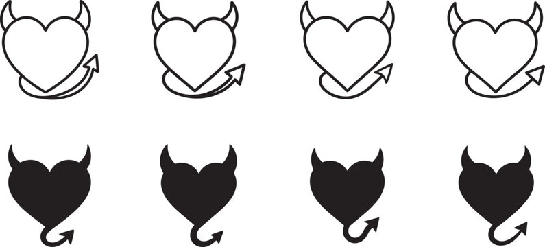 Minimalist devil heart icon set with horns and tail in outline, glyph, linear, flat and sticker styles.