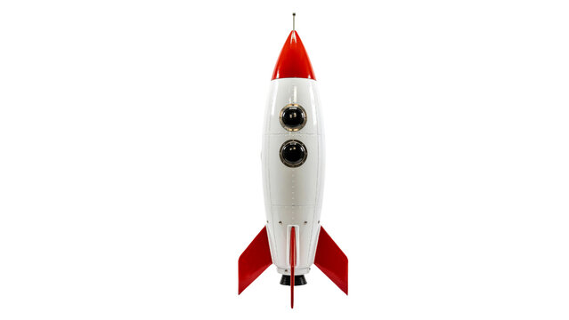 Vintage toy rocket ship featuring white and red metallic body panels with round windows captured in a studio setting standing perfectly upright on transparent background