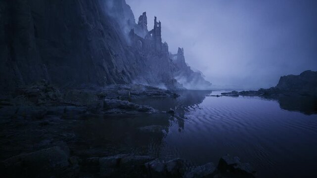cinematic night study of coastal ruins with reflective water and grainy texture, deep blue tones, heavy fog rolling between cliffs, cinematic mood ideal