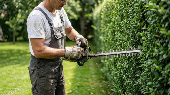 A professional gardener wearing work clothes and gloves using an electric hedge trimmer to shape and trim a tall green hedge in a backyard