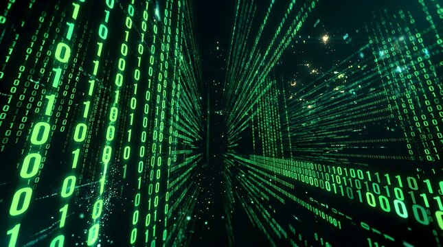 Abstract digital background with green binary code streaming down in a dark cyberspace environment, representing data flow and computer programming