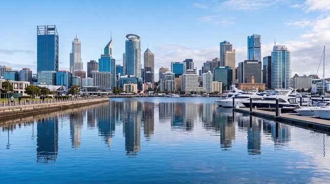 A panoramic view captures the impressive Perth city skyline reflecting over the calm waters of the Swan River while numerous yachts remain docked along the harbor under a beautiful blue summer