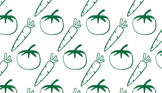 Pattern with fresh carrots and tomatoes in green doodle style seamless vegetable illustration on white background