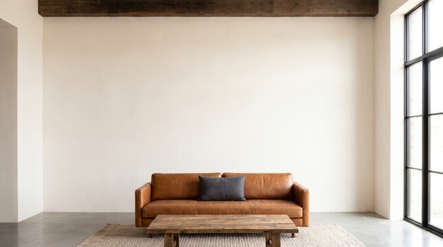 Empty barndominium living room wall with leather sofa and reclaimed coffee table, copy space
