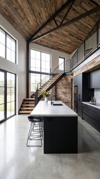 Open barndominium kitchen with black cabinets, concrete island, bar stools and floating staircase
