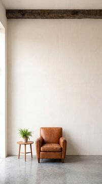 Minimal cream plaster wall with leather armchair, plant and side table under reclaimed beam