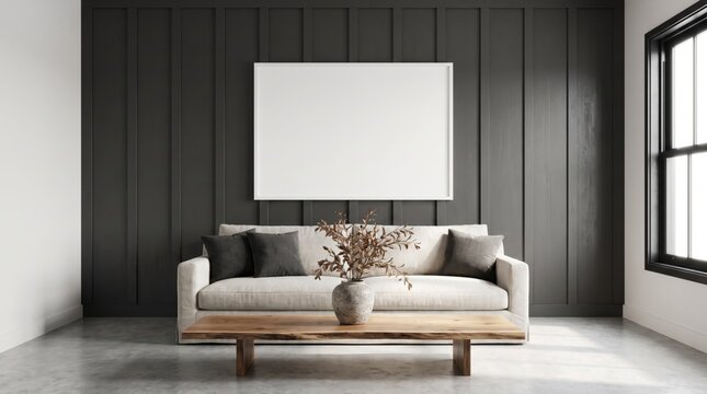 Blank landscape frame mockup above linen sofa with dried branches on charcoal wood wall