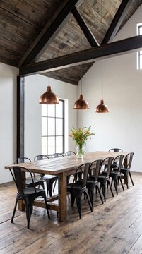Long reclaimed wood dining table with metal chairs under copper pendant lamps and exposed beams