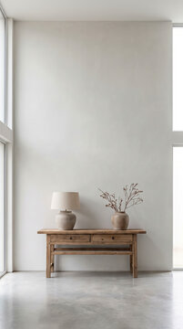 Vintage wooden console table with ceramic lamp and vase of branches on gray plaster wall
