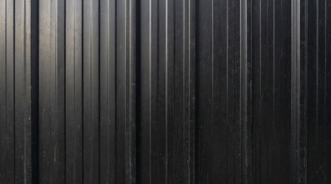 Black corrugated metal wall with vertical ribs and subtle reflections, industrial texture