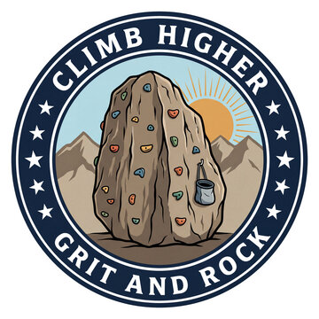 Vintage circular climbing emblem with a large bouldering rock. Stylized mountain peaks and rising sun landscape background.