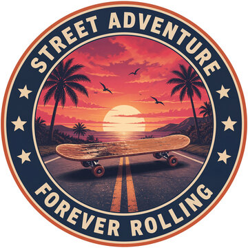 Vintage circular travel badge with a wooden skateboard. Retro tropical landscape with palm trees at sunset.
