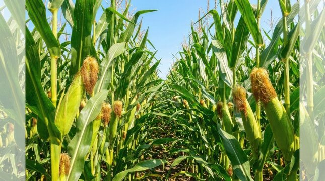 Ripe corn growing in rows in agricultural field under sun