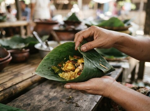 banana leaf food parcel folding Hands preparing food wrapped in a banana leaf in a rustic setting