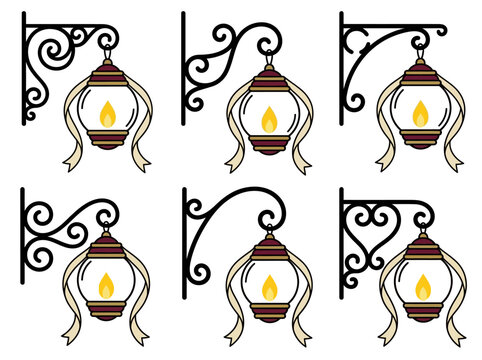 Vintage hanging lanterns with decorative wrought iron wall brackets, set of classic street lamps with ribbons and