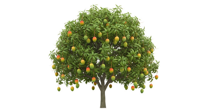 A lush mango tree full of ripe yellow and orange fruits isolated on black background