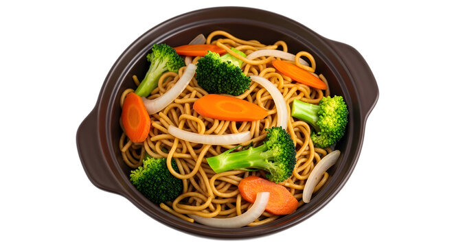 Delicious stir fried noodles with fresh broccoli carrots and onions in a dark ceramic bowl