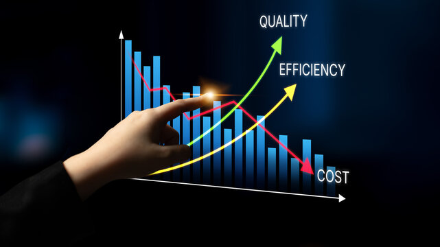 Hand Pointing at Graph Showing Quality, Efficiency, and Cost Trends in Business with Blue Background and Colorful Arrows Illustrating Performance Metrics. Bitwise.