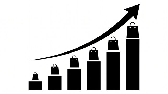 Black silhouette of shopping bags on ascending bar graph with upward arrow indicating increasing sales, retail growth, and consumer spending trends.