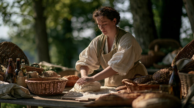 a woman in a rustic setting, likely a market or bakery. She wears a white blouse and a beige apron, and her hands are kneading flour on a wooden table.