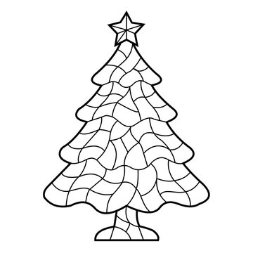 Christmas Tree Coloring Page with Star Topper and Mosaic Pattern Vector Line Art. Resizable and editable, EPS 10.