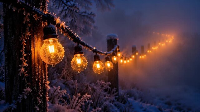 Decorative string lights glowing on a snowy fence in winter mist  