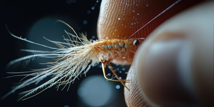 Close-up of fingers tying a fly fishing lure with feathers and fine details under dramatic lighting. Generative by AI.