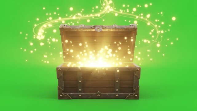Fantasy Treasure Chest Opening with Golden Magic Glow on Green Screen