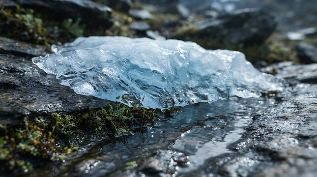 Transparent cutout of melting glacier ice block on wet rocky ground
