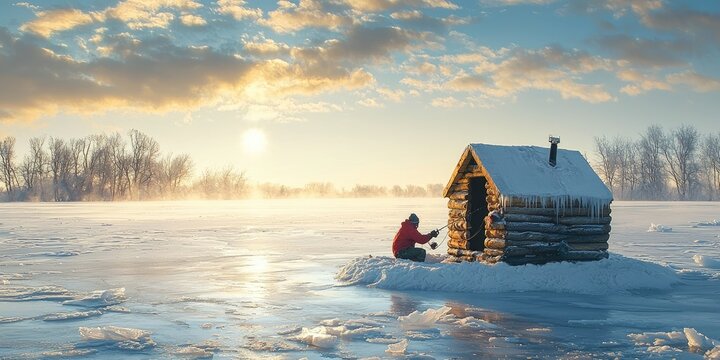 Person ice fishing beside small log cabin on frozen lake during winter sunrise. Generative by AI